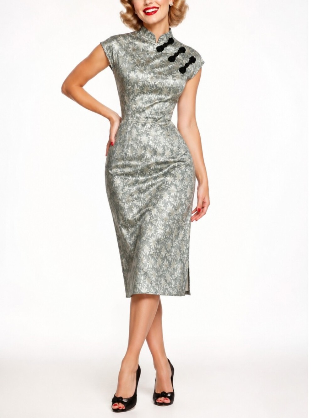 Vintage 50's Wiggle Cocktail Dress Sz S Silk Brocade Floral Jacquard Qipao Pinup